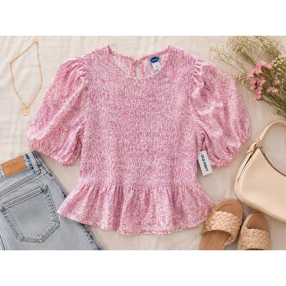 Smocked Puff Sleeve Old‎ Navy NWT Pink Peplum Top Large Cottagecore Coquette